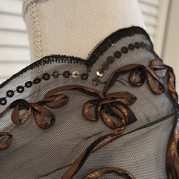 Black Sheer Shawl Wrap Bronze Appliqué Circular Pattern and Fringe Scarf 20x63” - Picture 4 of 12